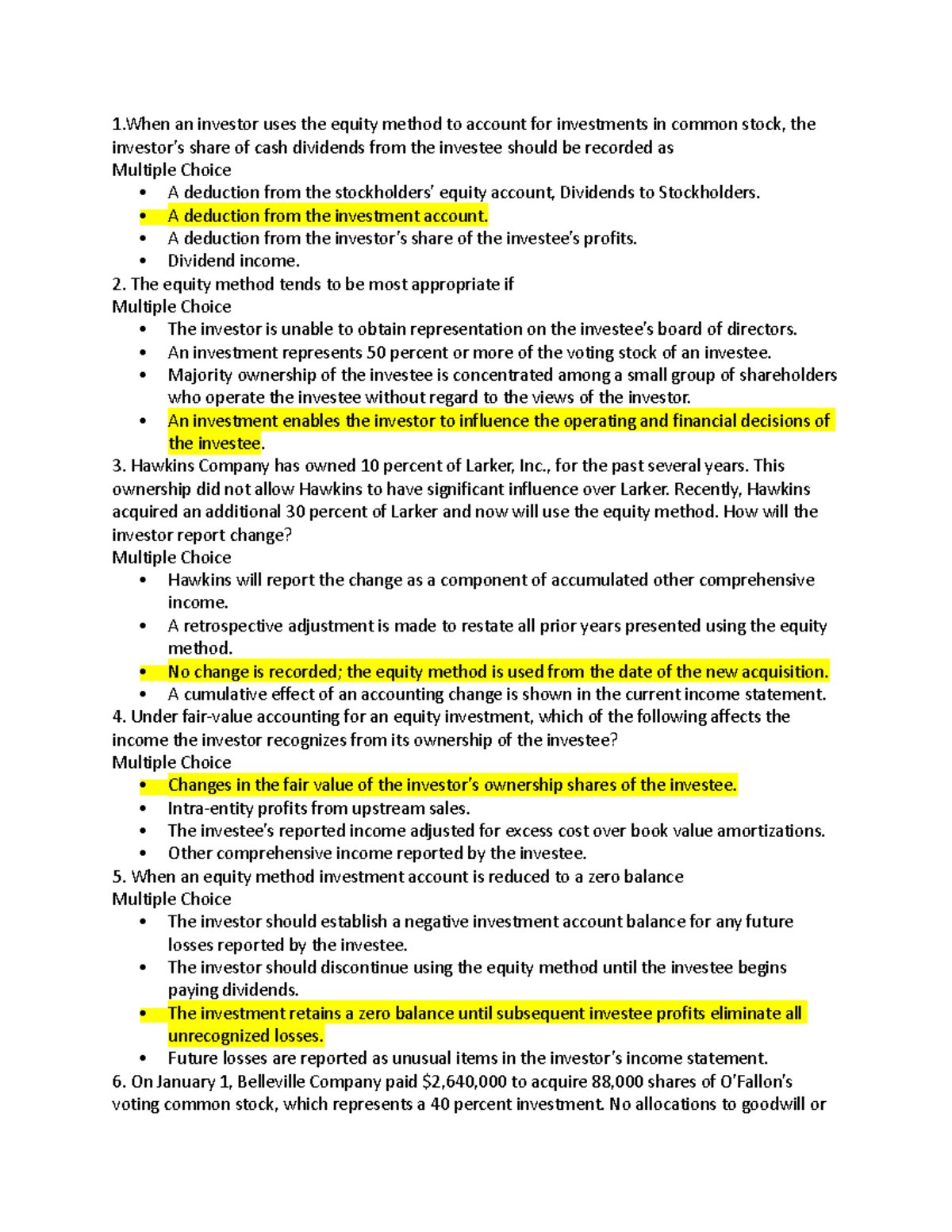 4100 CHAP 1 - questions - 1 an investor uses the equity method to ...