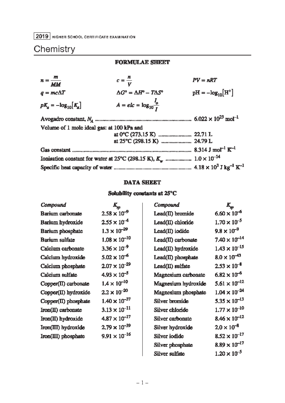 Chem formula - 2019 HIGHER SCHOOL CERTIFICATE EXAMINATION Chemistry ...