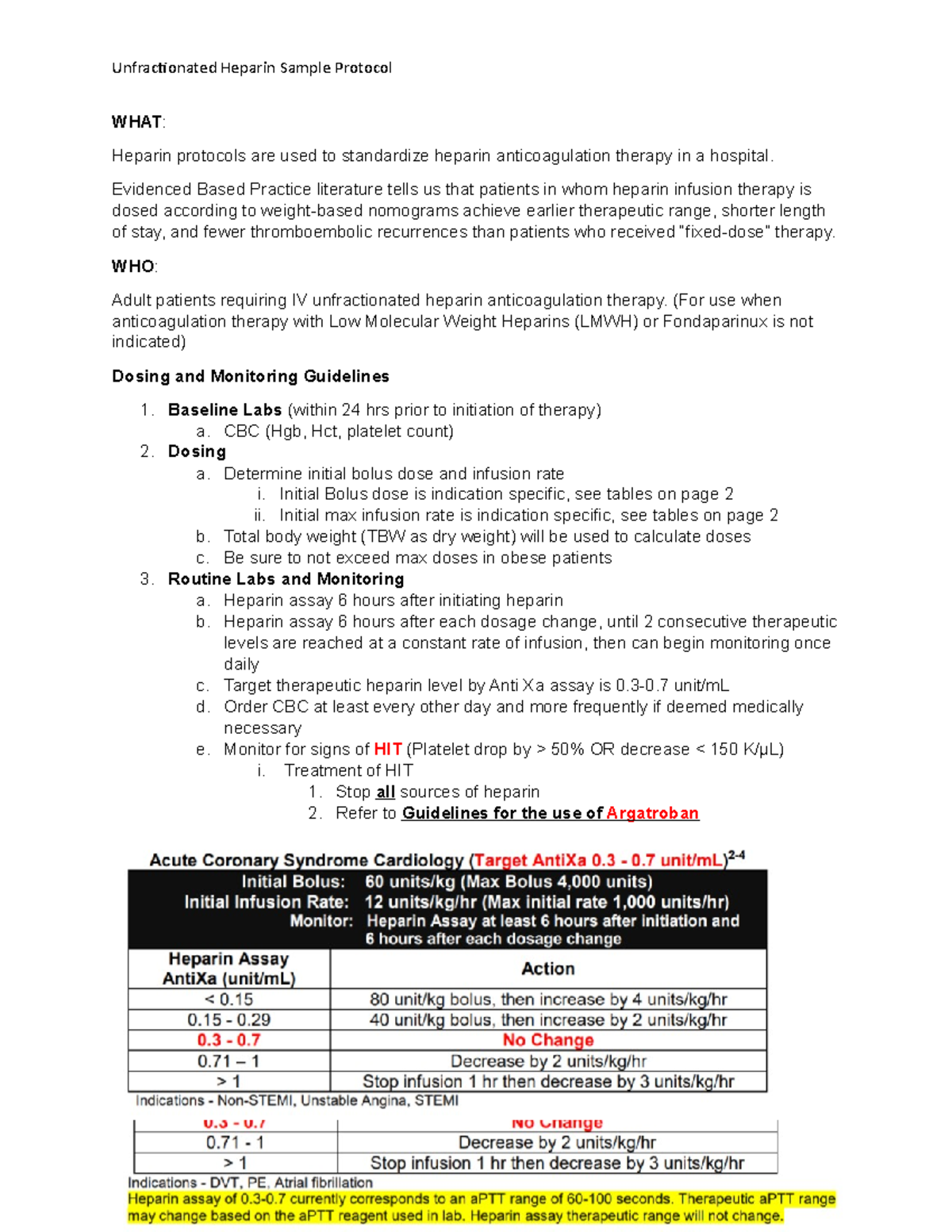 Heparin Therapy Sample Protocol Unfractionated Heparin Sample