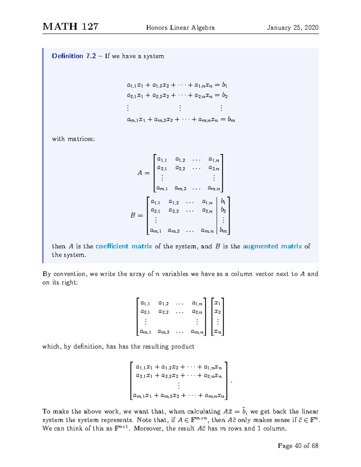 MATH 235-40 - Lecture notes 40 - MATH 127 Honors Linear Algebra January ...