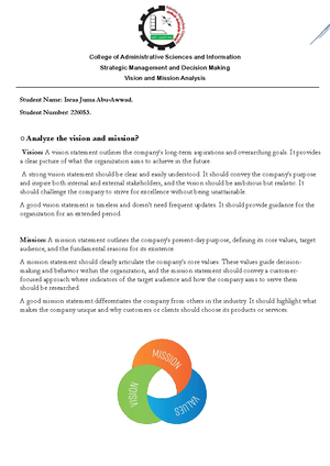 Vision and Mission Analysis - Cooperative management - Studocu