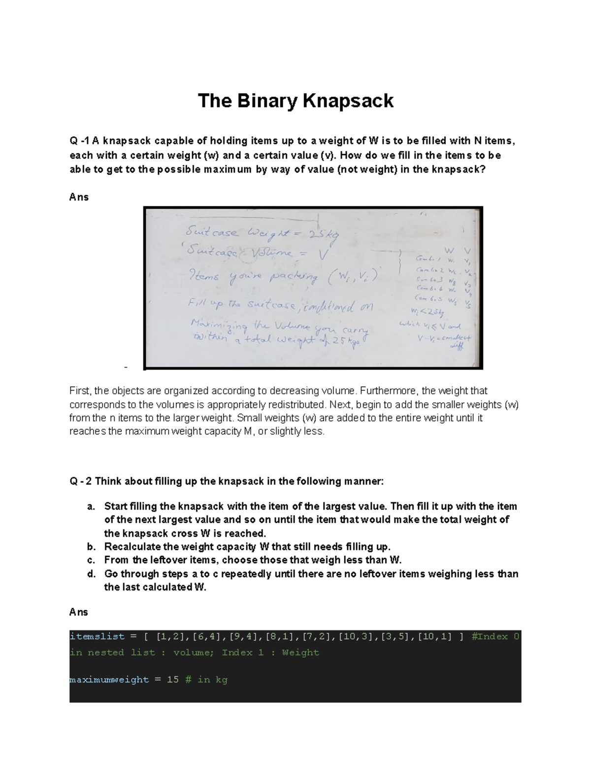 The Binary Knapsack - linear algebra - The Binary Knapsack Q -1 A ...