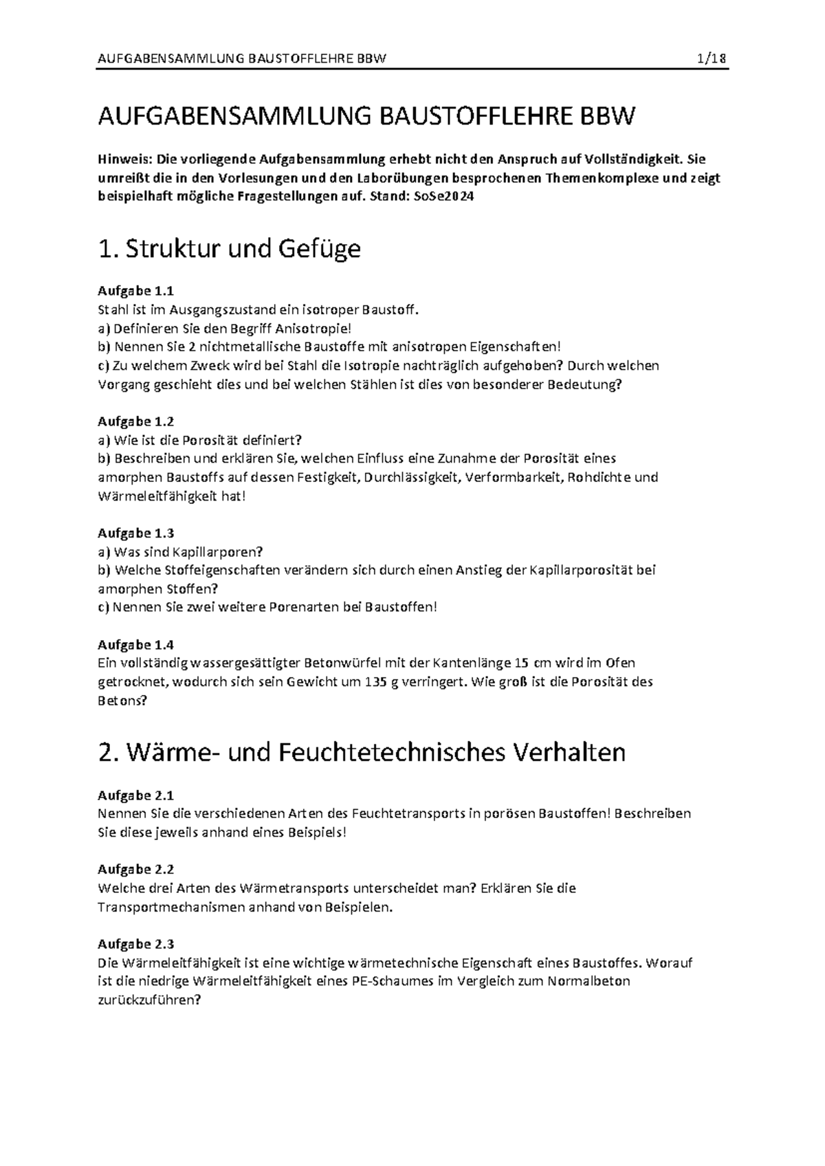 Aufgabensammung Baustofflehre 2024 AUFGABENSAMMLUNG BAUSTOFFLEHRE BBW