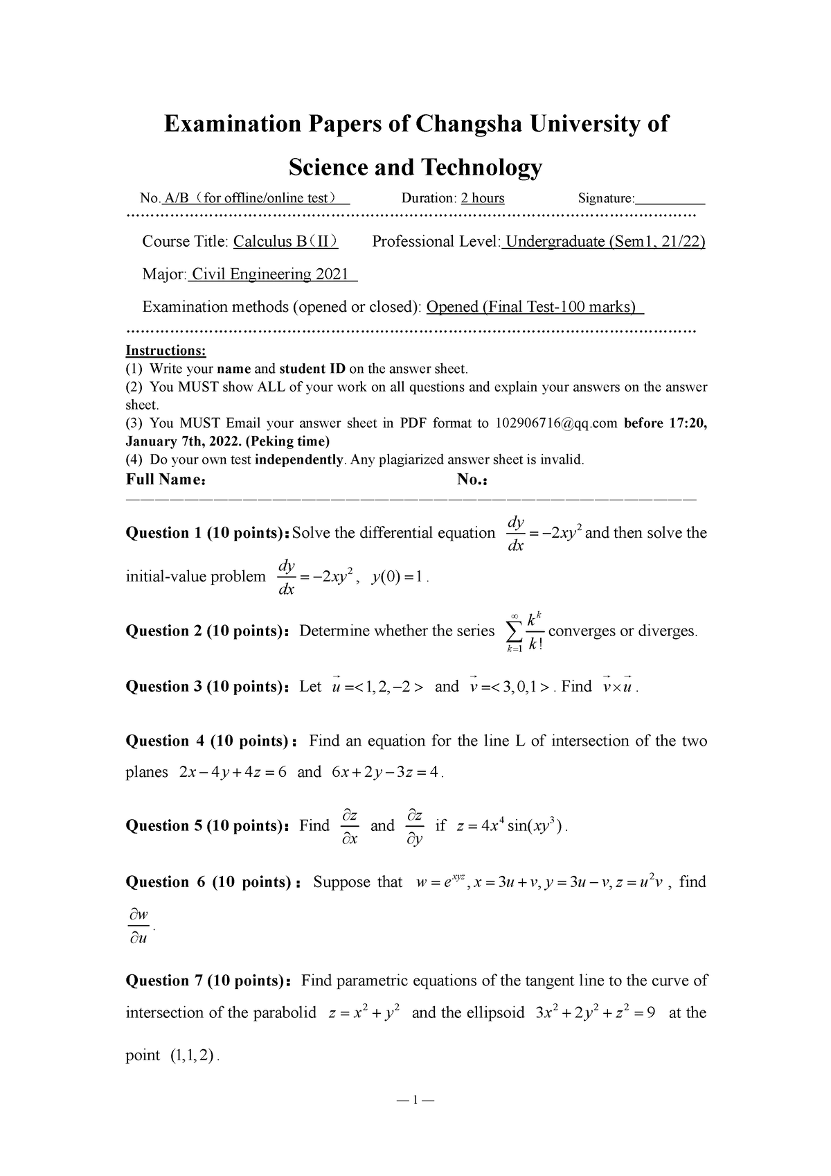 Calculus B(II)2022010 5-A-B - — 1 — Examination Papers Of Changsha ...