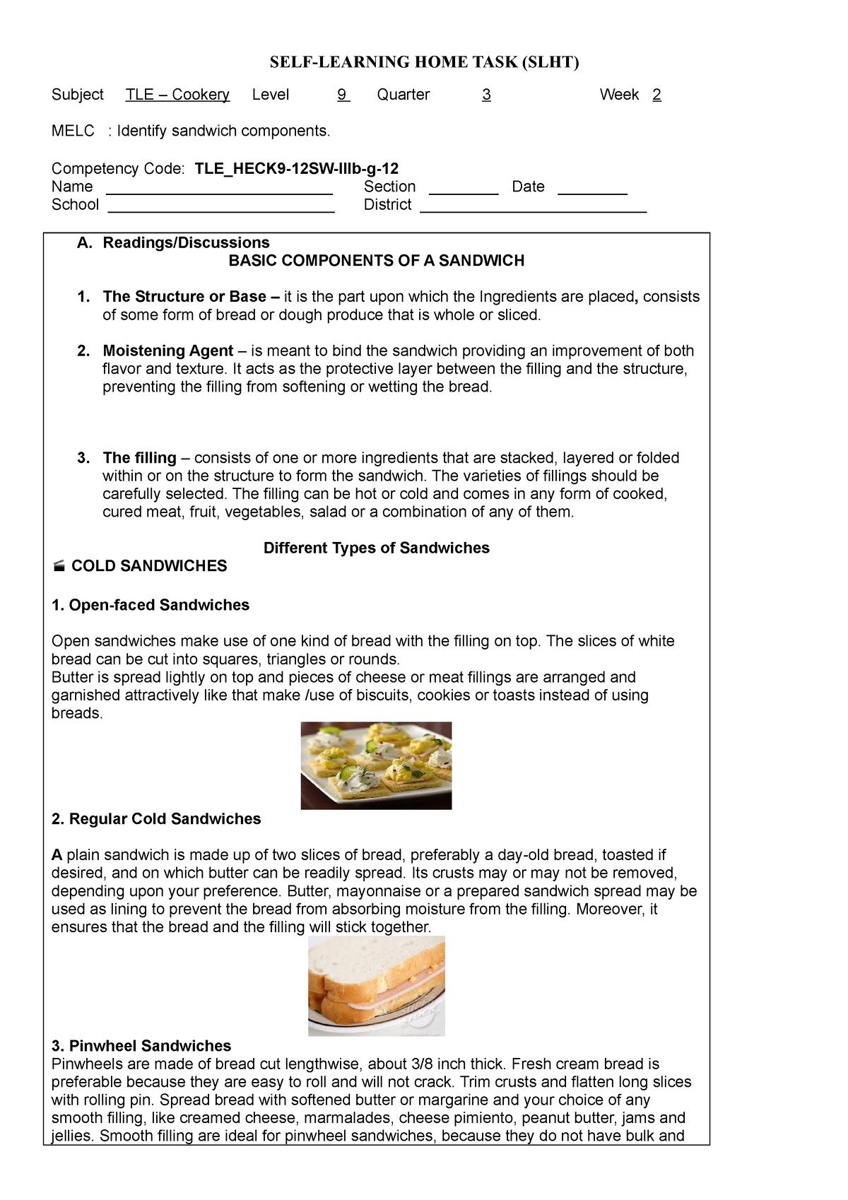 SLHT Cookery 9 3rd Quarter Week 2 - SELF-LEARNING HOME TASK (SLHT ...