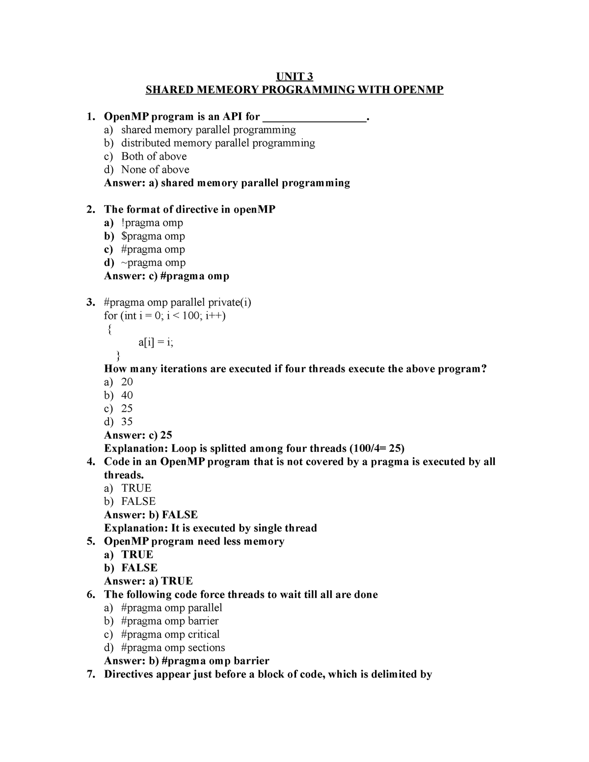 Unit 3 MCAP MCQ MCQ type material UNIT 3 SHARED MEMEORY PROGRAMMING