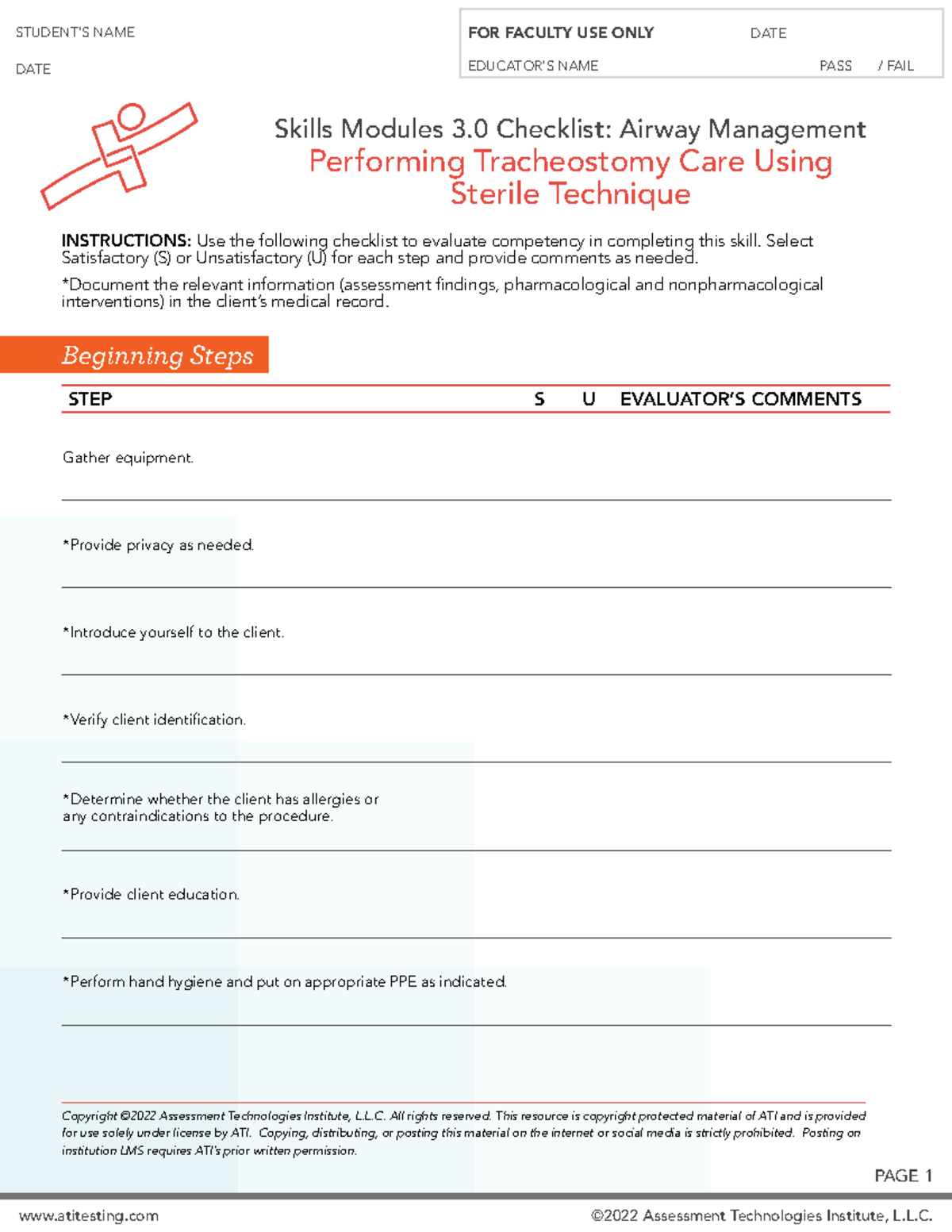 Skills Checklist Airway Trach PAGE 1 Copyright ©2022 Assessment