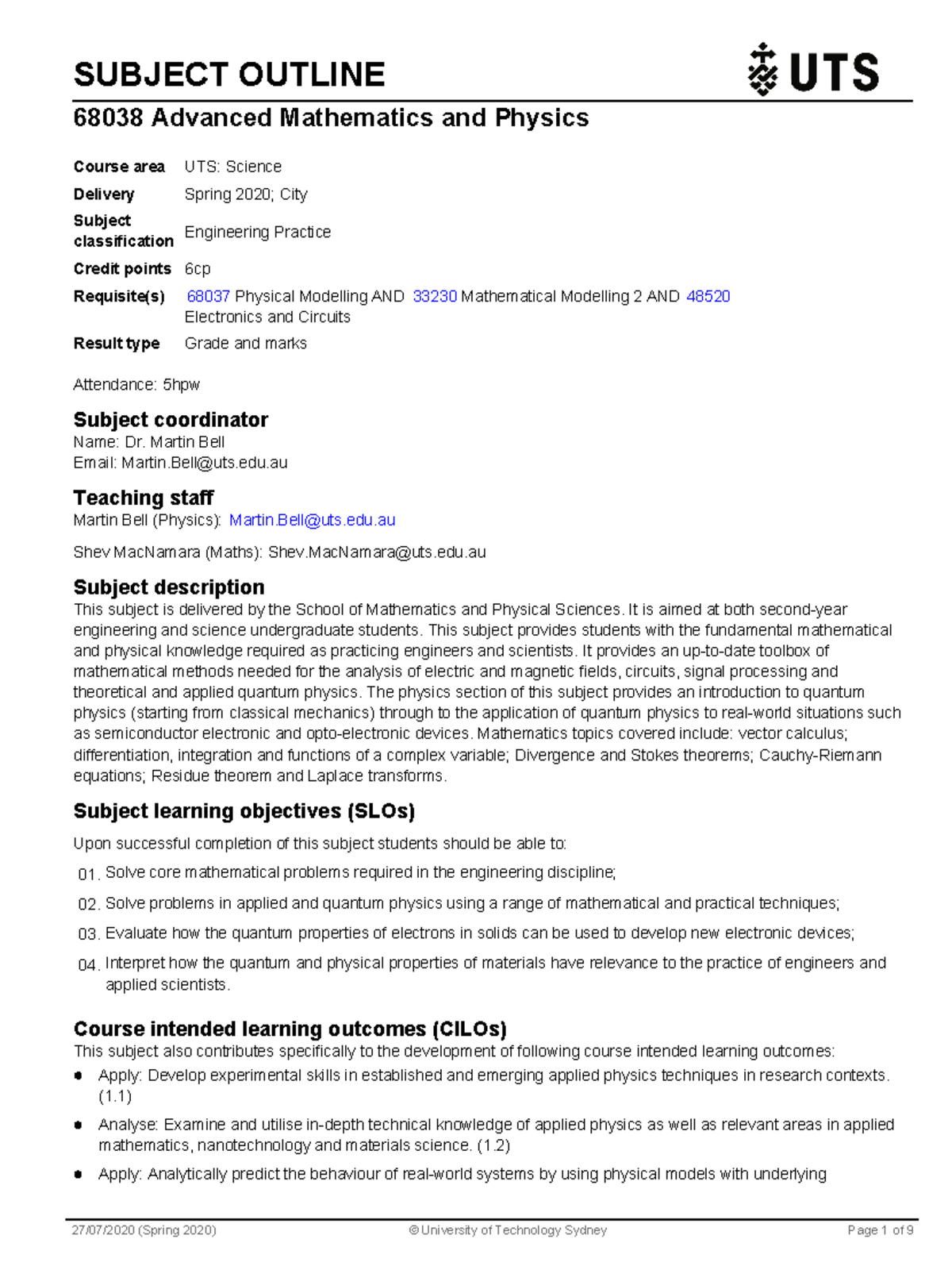 Document - Subject Outline - SUBJECT OUTLINE 68038 Advanced Mathematics ...