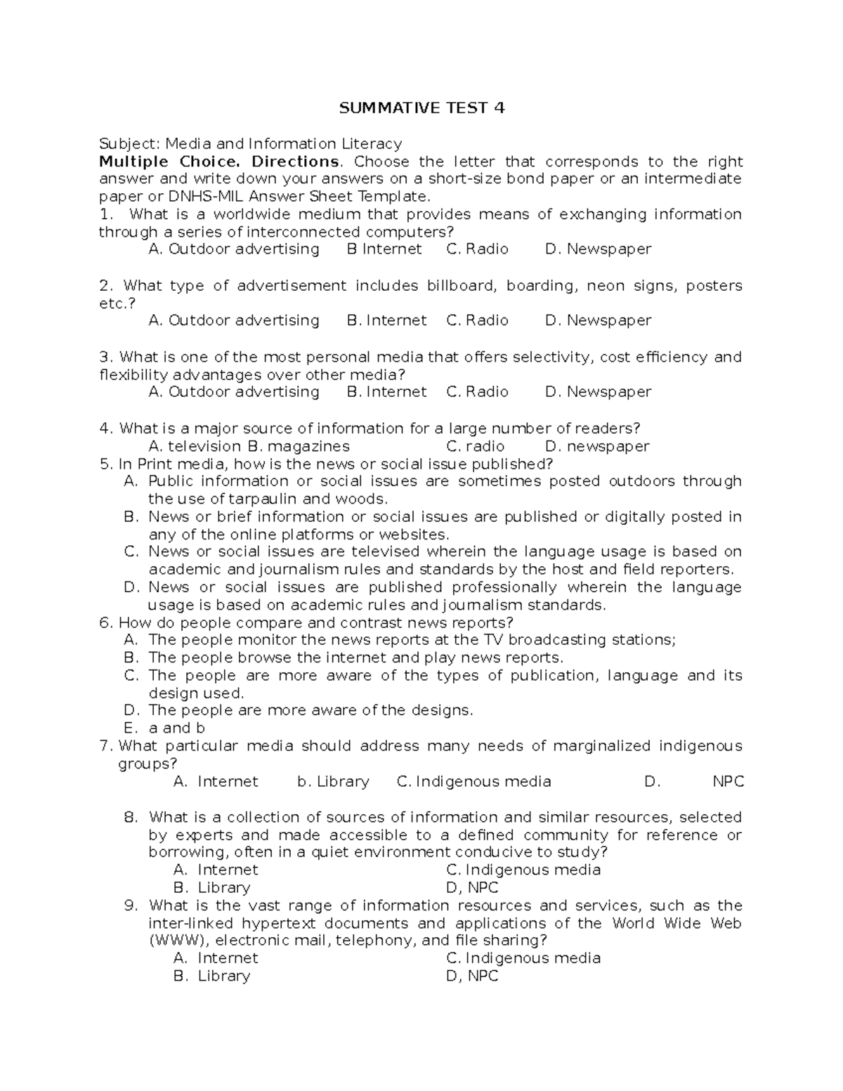 MELCs 58 Summative Test with Answer Keys by GPL SUMMATIVE TEST 4 Subject Media and