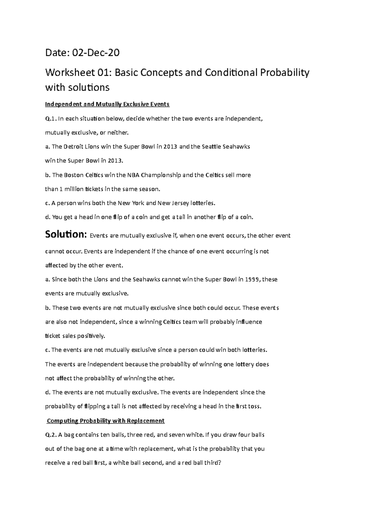 Basic concepts and conditional probability worksheet with solutions ...