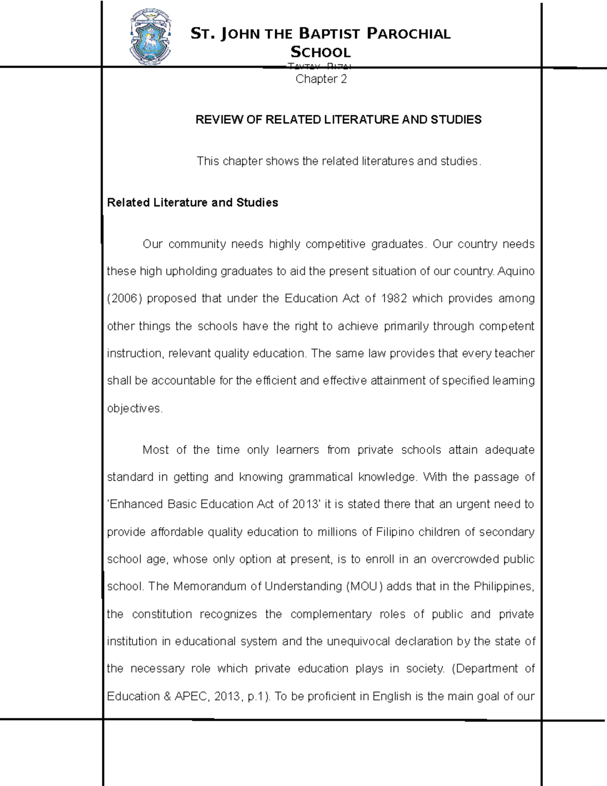 Chapter 2 Sample 8 Chapter 2 REVIEW OF RELATED LITERATURE AND STUDIES