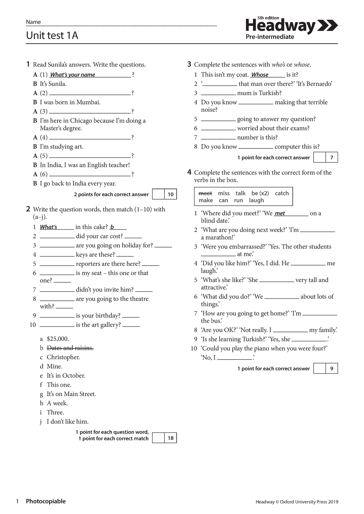 HW5e-Pre-Inter-TR-Tests-Unit1 - Pre-intermediate Name Unit Test 1A 1 ...