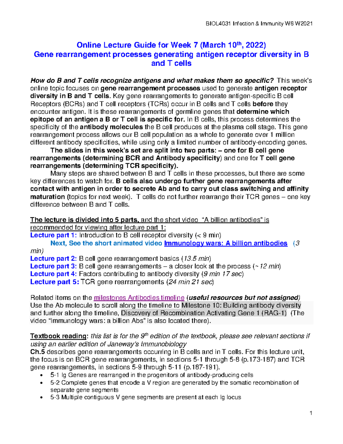 W7 online lecture guide 2022Band Tcell Immunogenetics - BIOL4031 ...