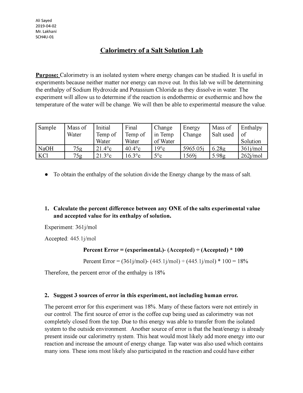 Calorimetry of a Salt Solution Lab Ali Sayed 201904 Mr. Lakhani