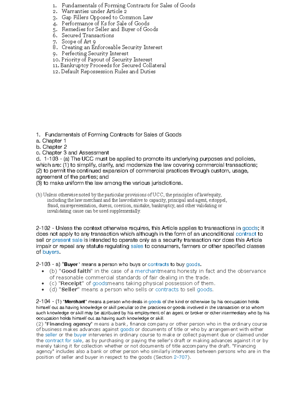 B UCC Outline - 1. Fundamentals Of Forming Contracts For Sales Of Goods ...