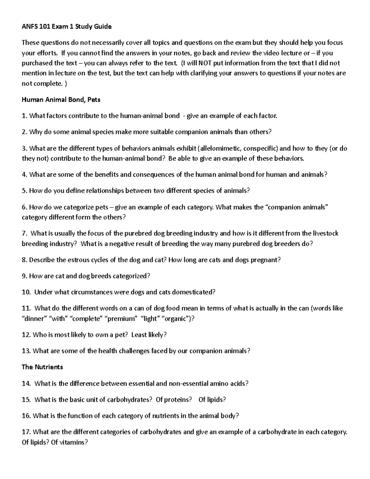 ANFS 101 Exam 1 Study Guide - ANFS 101 Exam 1 Study Guide These ...