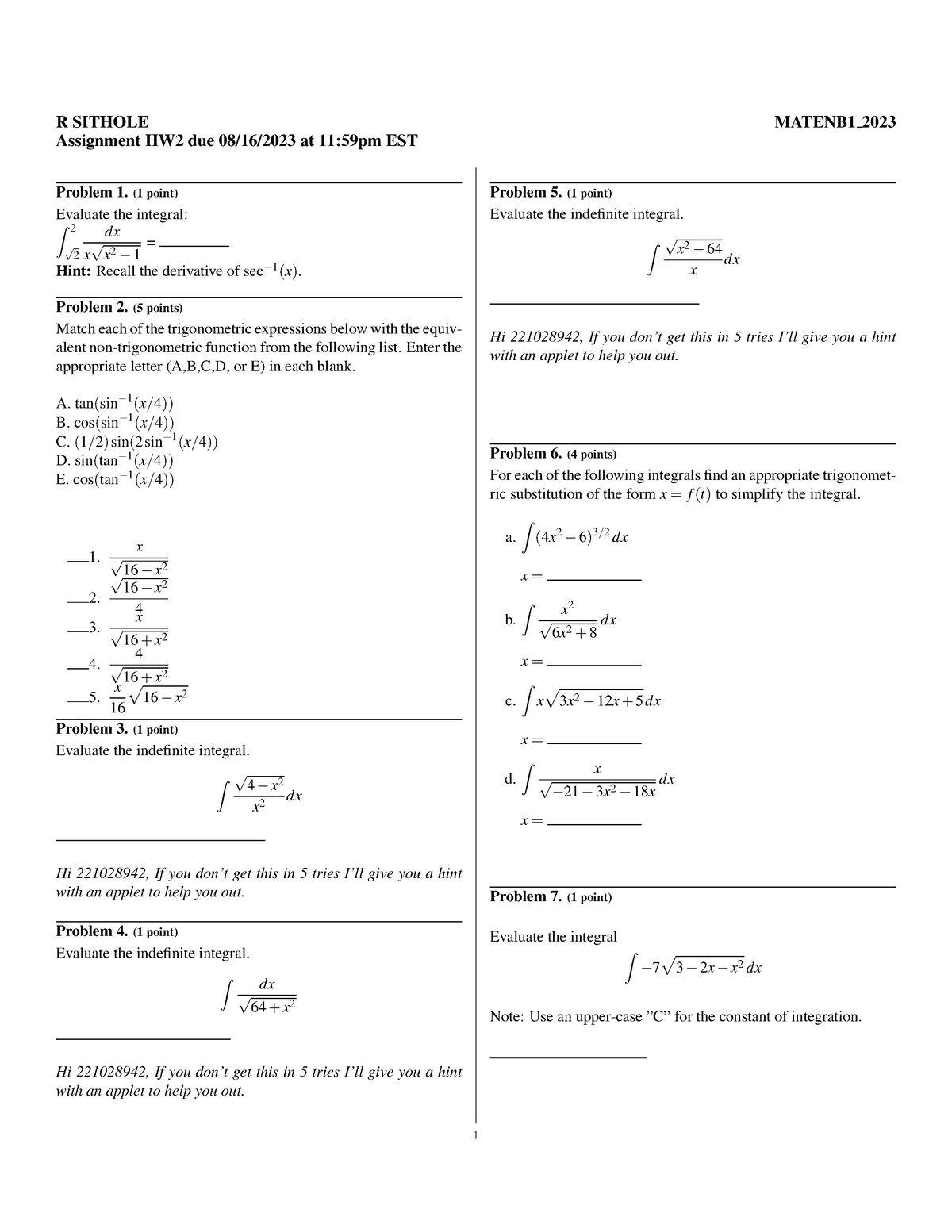 Matenb 1 2023 - R SITHOLE MATENB1 2023 Assignment HW2 due 08/16/2023 at ...