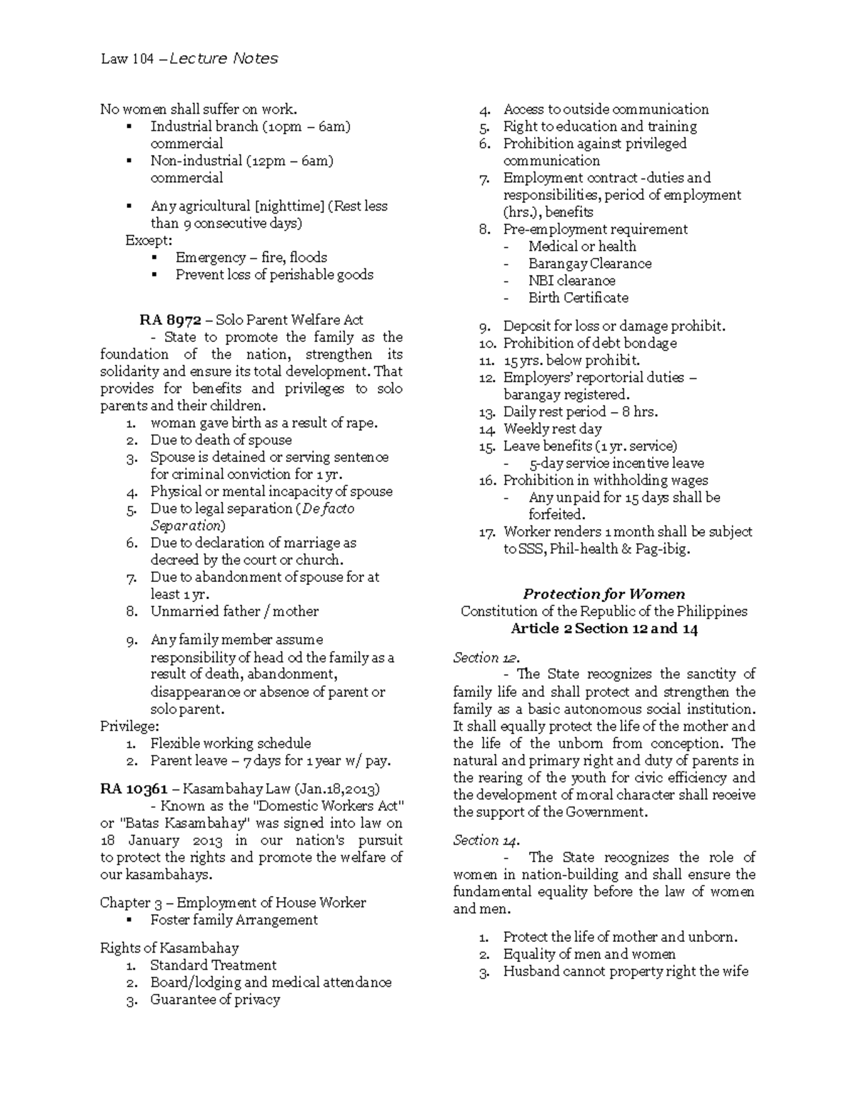 Law 104 Lecture notes - Law 104 – Lecture Notes No women shall suffer ...