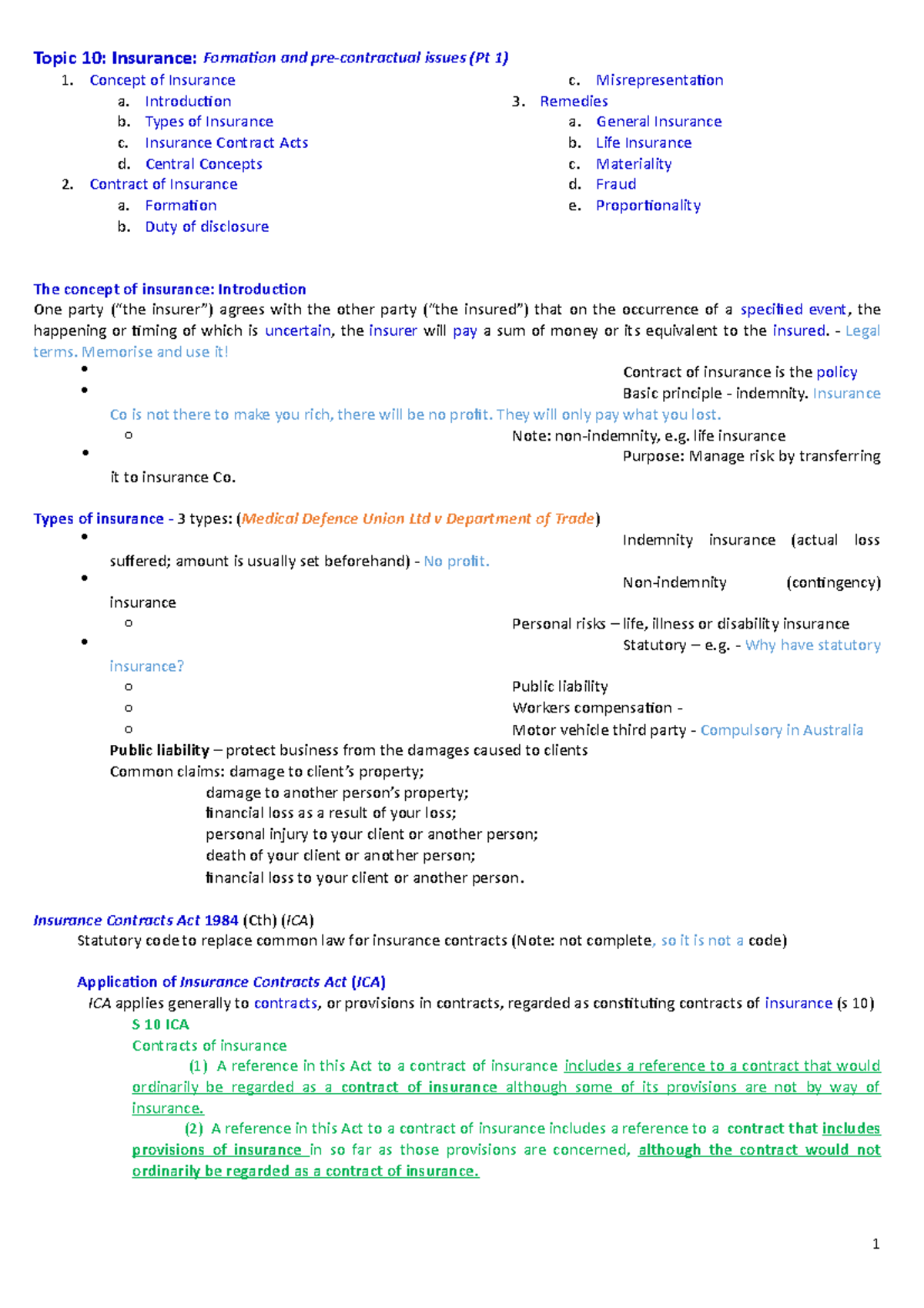 Exam Notes Topic 10 - Comm - Topic 10: Insurance: Formation and pre ...