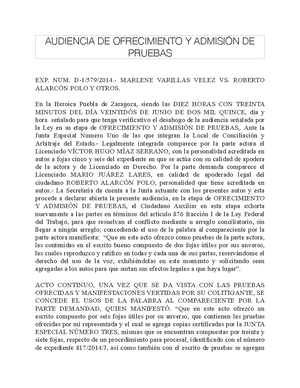 Audiencia de ofrecimiento y admisión de pruebas. - EXP. NUM. D-1/579/  MARLENE VARILLAS VELEZ - Studocu