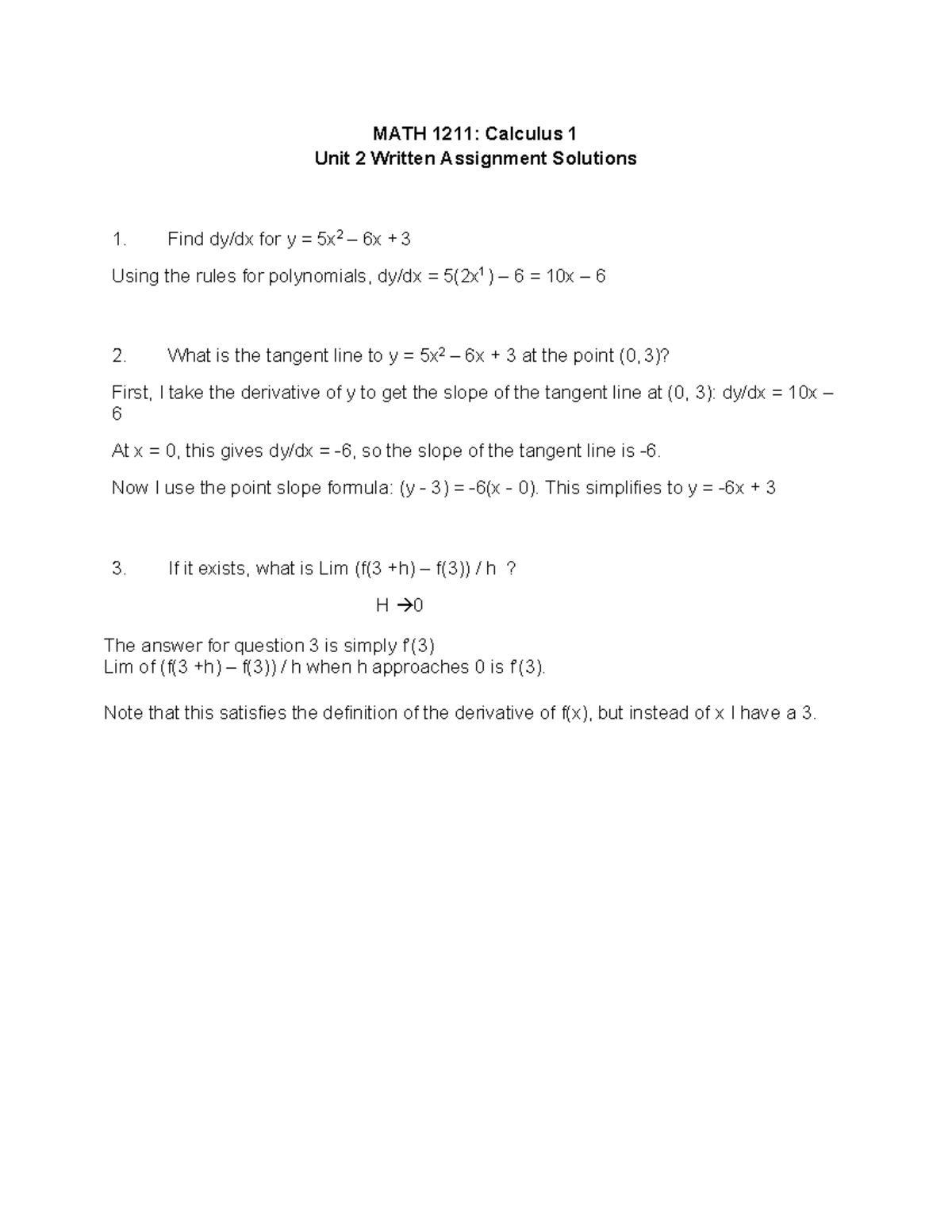 math 1211 written assignment unit 2