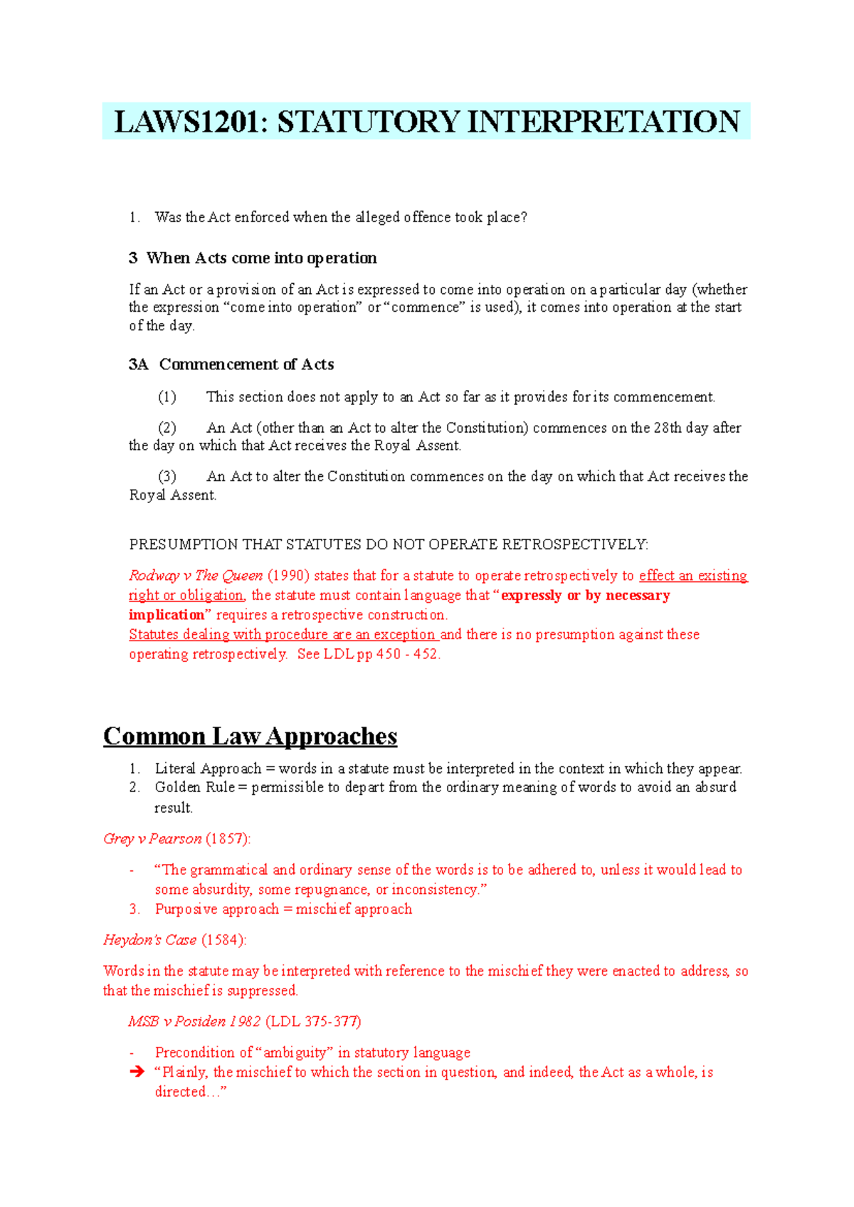 Statutory Interpretation Summary FOR EXAM - LAWS1201: STATUTORY ...