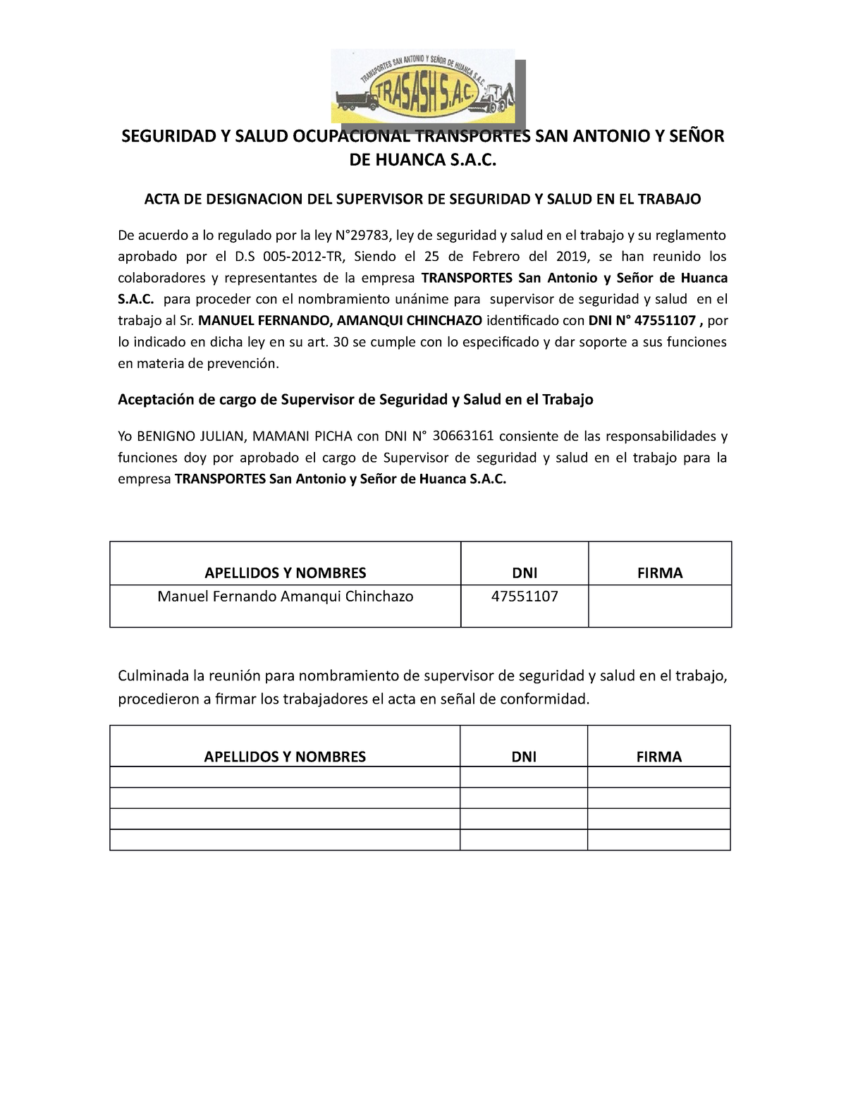 Acta De Designacion Del Supervisor De Seguridad Y Salud Ocupacional