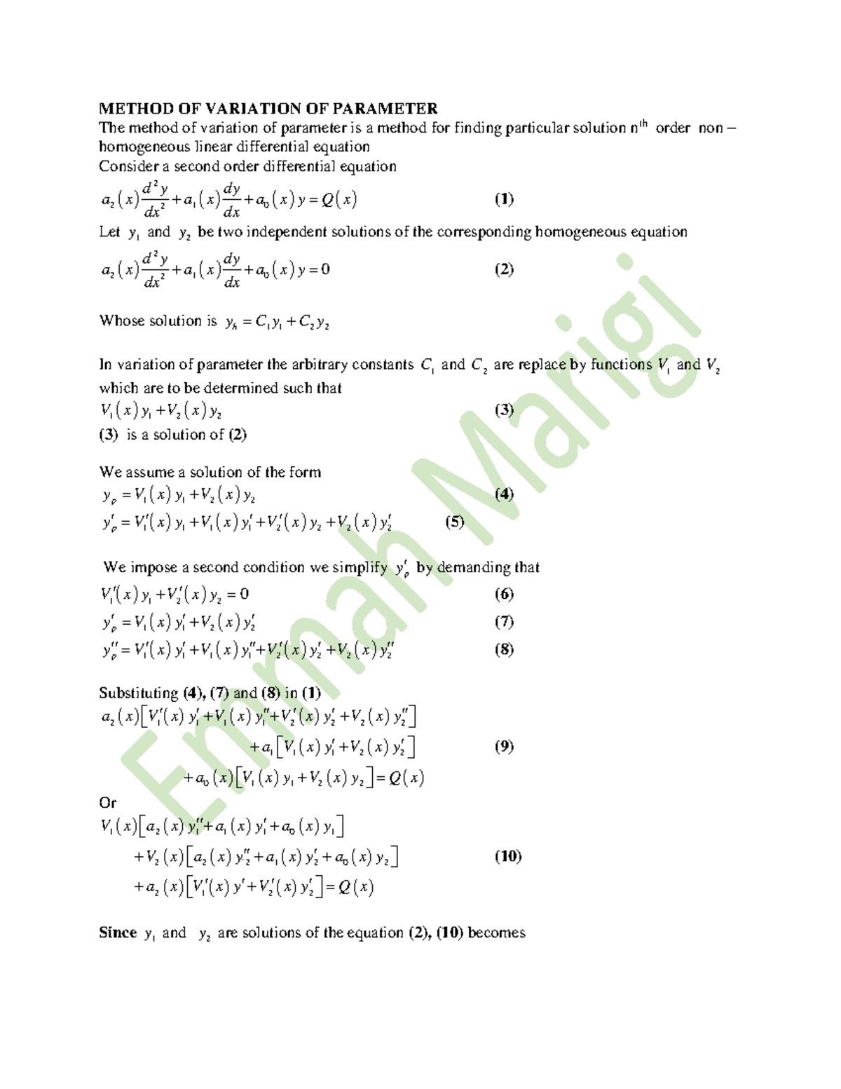 SMA 2232 Lecture 7 - ode - METHOD OF VARIATION OF PARAMETER The method ...