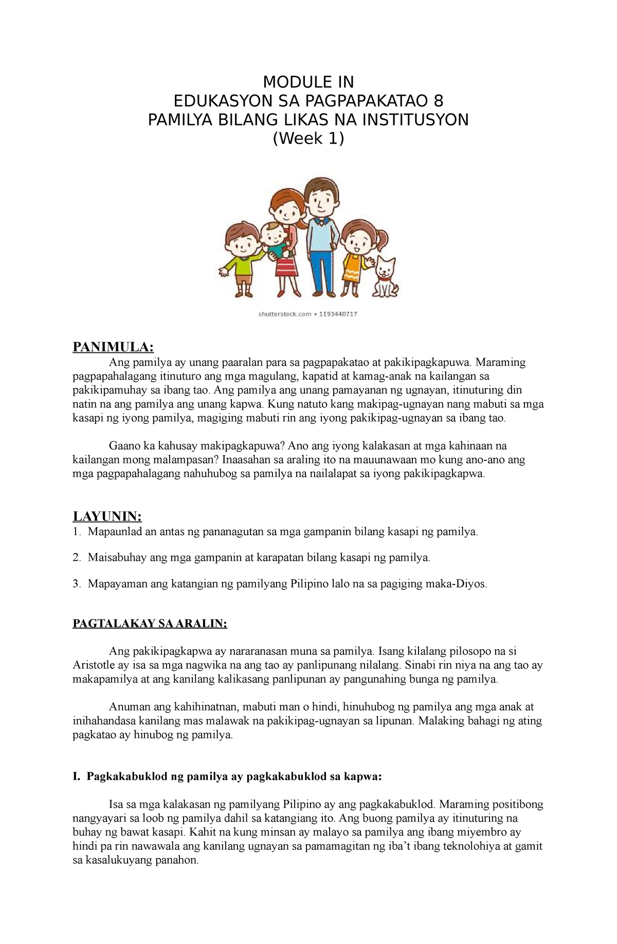 Week 1 Module In Esp 8 Module In Edukasyon Sa Pagpapakatao 8 Pamilya Bilang Likas Na 9984