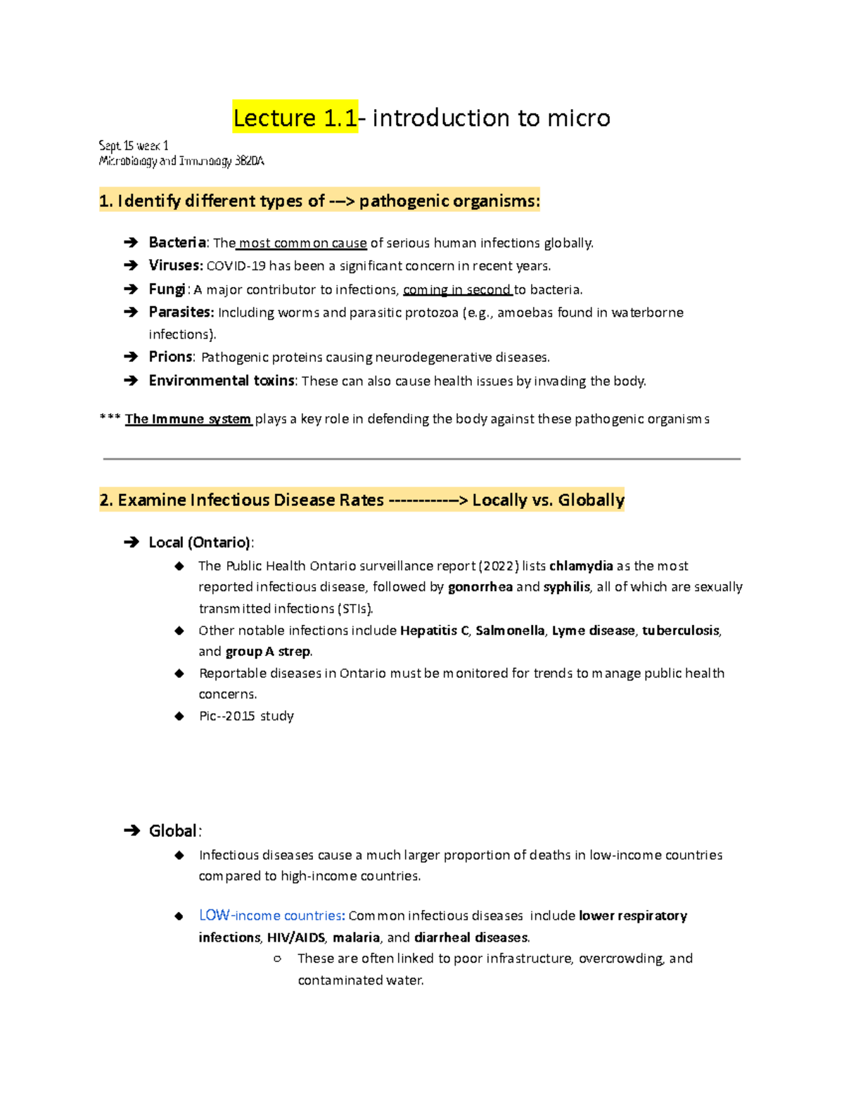 Lecture 1.1 notes-intro to microbio and immunology - Lecture 1 ...