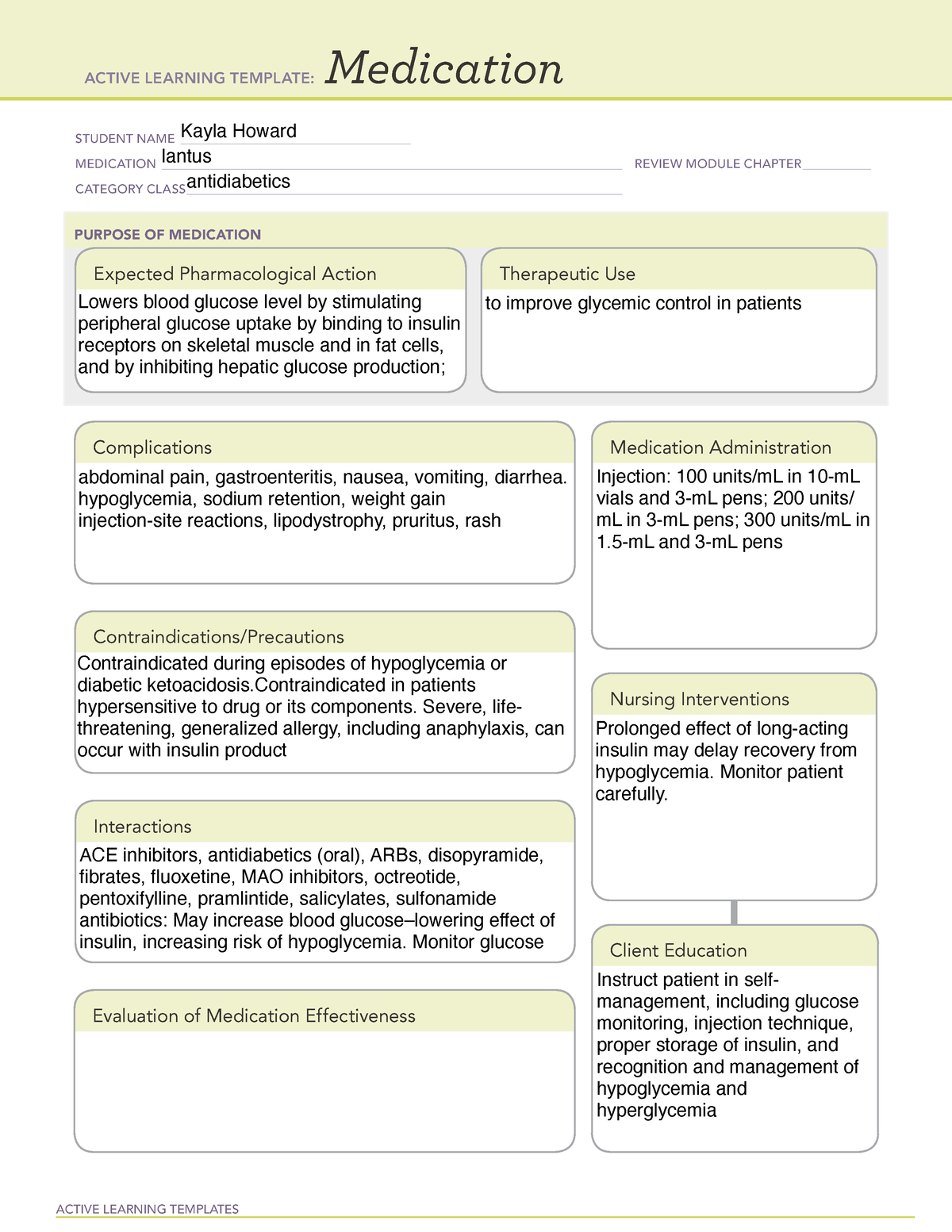 Lantus med sheets ACTIVE LEARNING TEMPLATES Medication STUDENT NAME