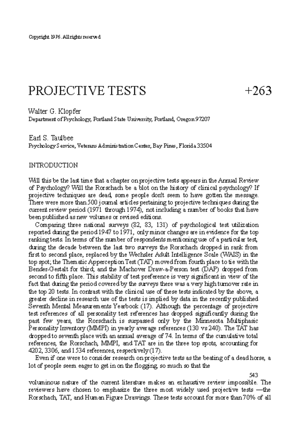 Assessing Projective Tests - Copyright 1976. All rights reserved ...