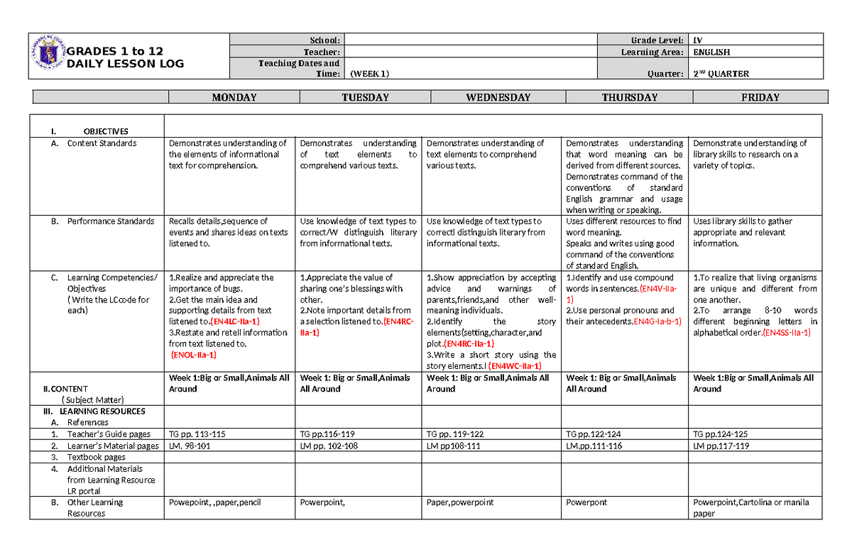 DLL English 4 Q2 W1 - GRADES 1 to 12 DAILY LESSON LOG School: Grade ...