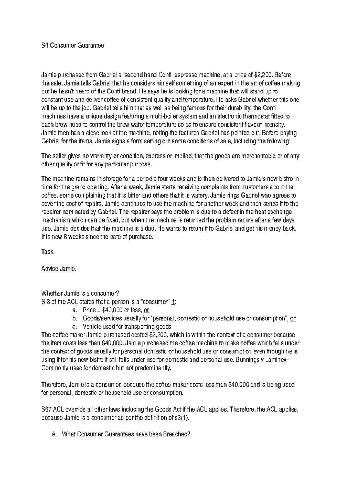 Answer for question on Consumer Guarantees S4 Consumer Guarantee