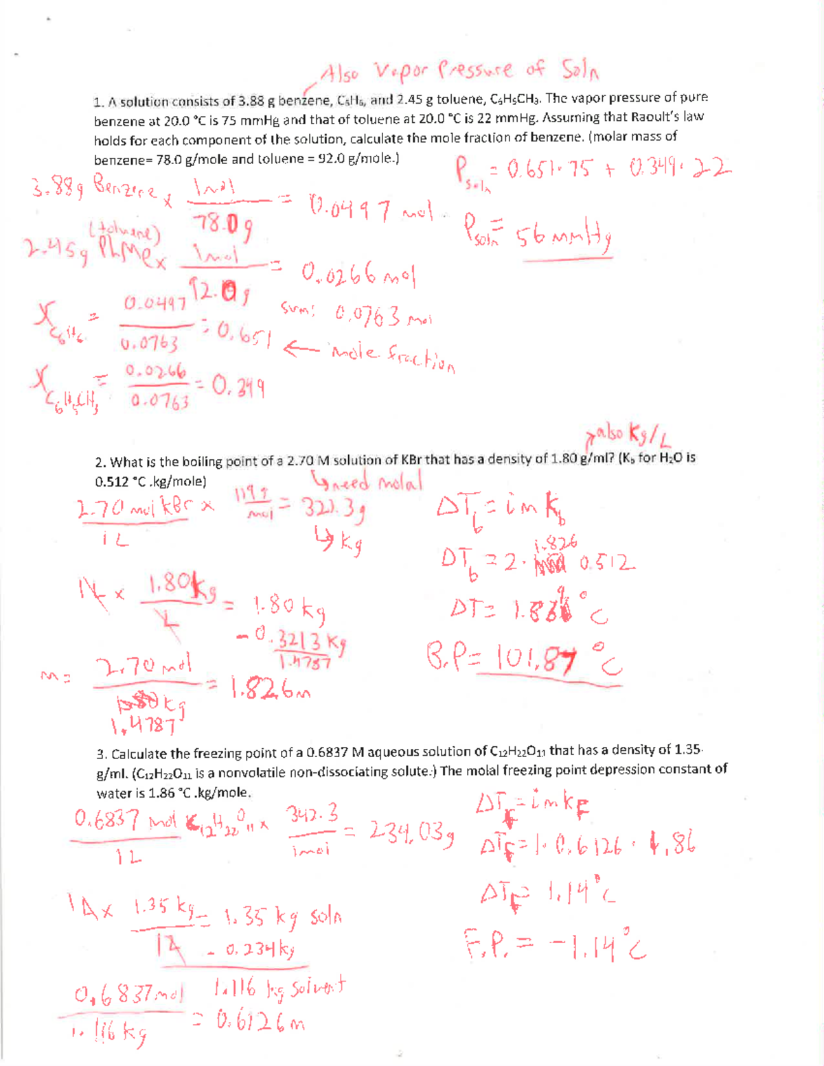 Key Exam 1 review worksheet - Also Vapor pressure of Soln 1. A solution ...