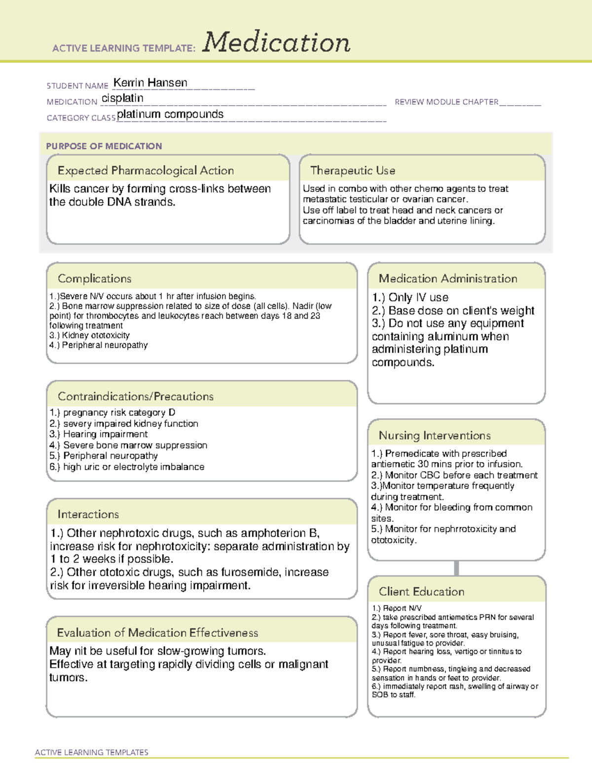 Cisplatin - Practice - Active Learning Templates Medication Student 