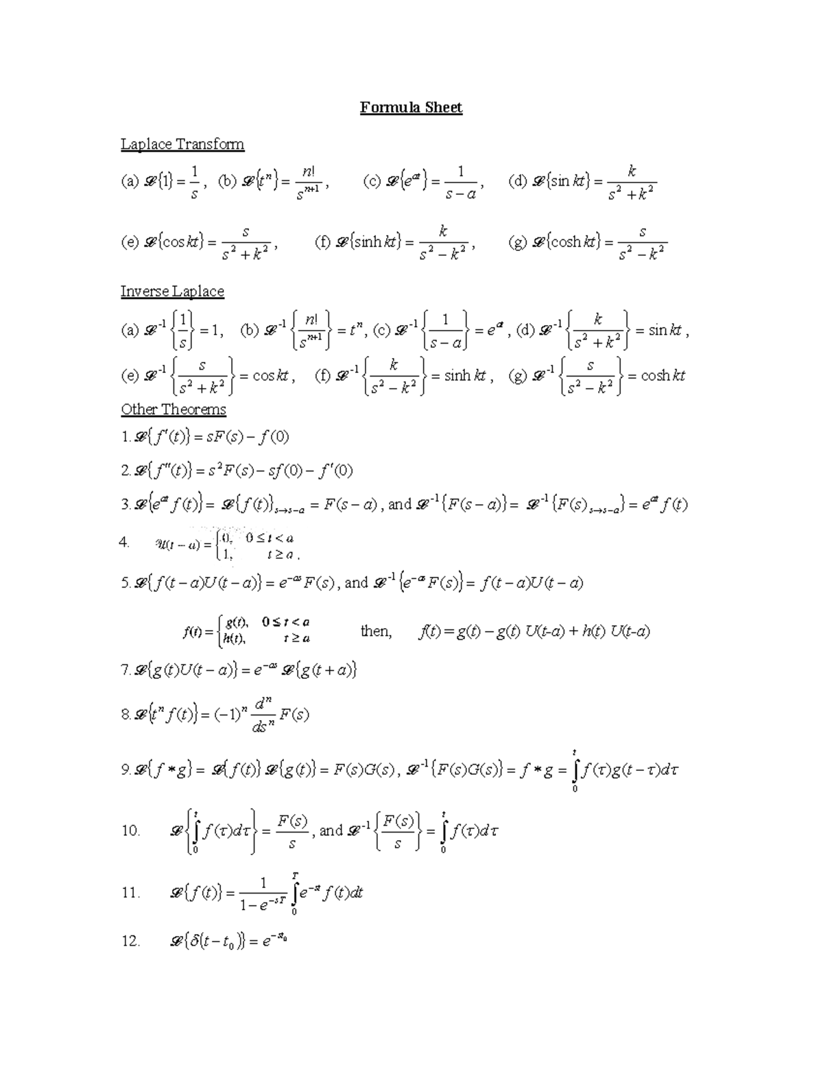 Formula Sheet - Formula Sheet Laplace Transform (a) L {} S 1 1 = , (b ...