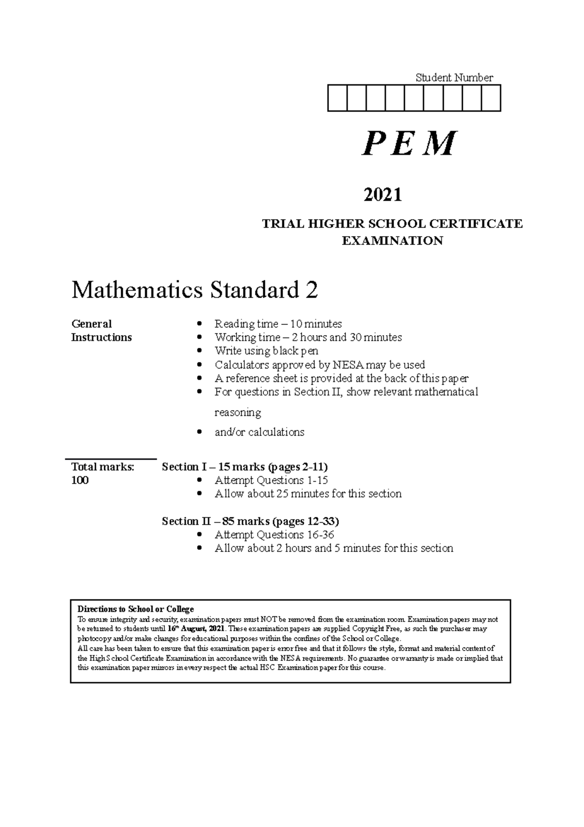 PEM 2021 Mathematics Standard 2 Trial HSC Examination paper Student Number Mathematics