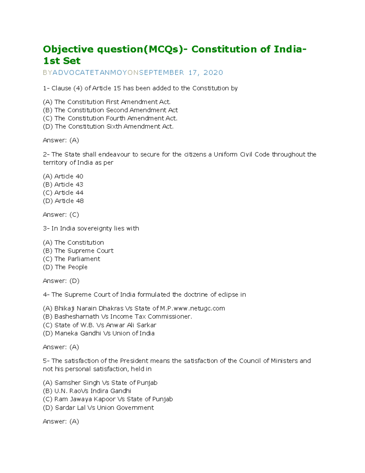 Objective Question(MCQs)- Constitution Of India-1st Set - Objective ...