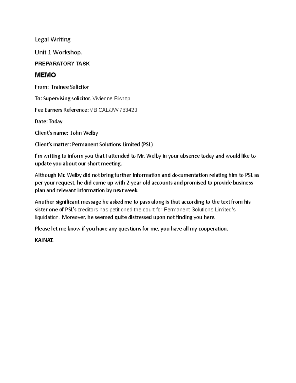 Legal Writing Preparation for 1st Class - Legal Writing Unit 1 Workshop ...