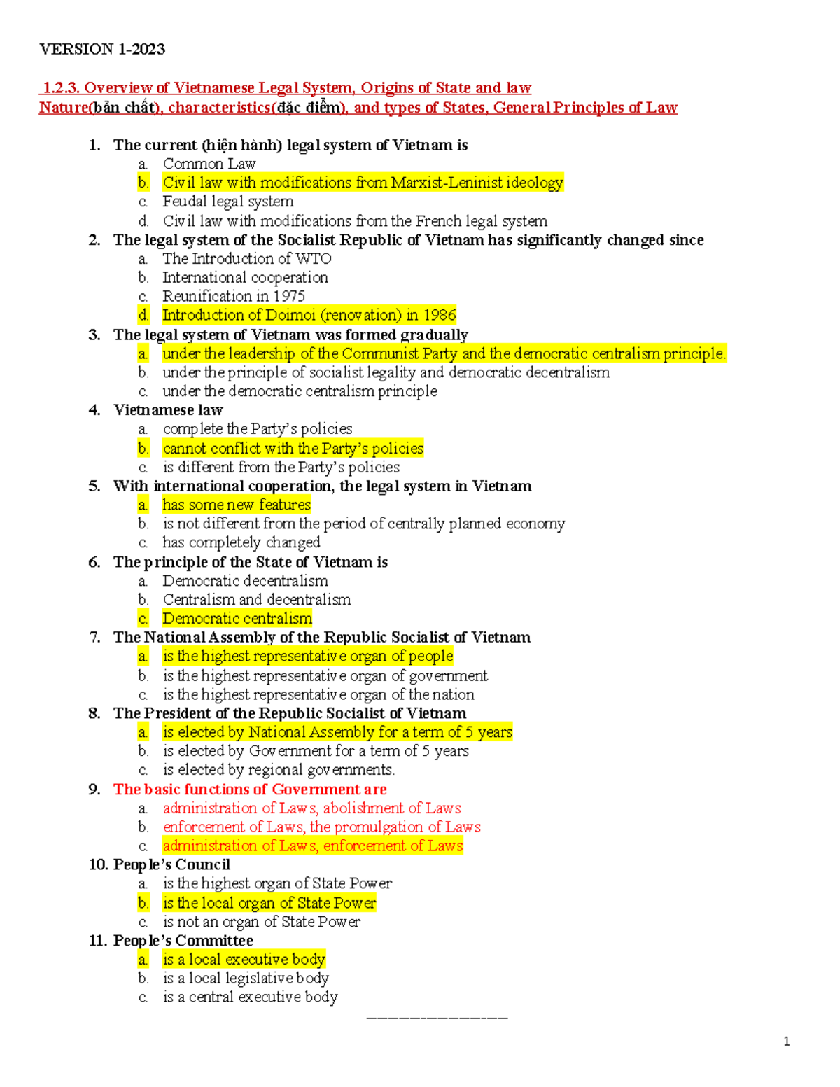 Quiz + Cases (Introduction to Law) VERSION 1 1.2. Overview of Vietnamese Legal System