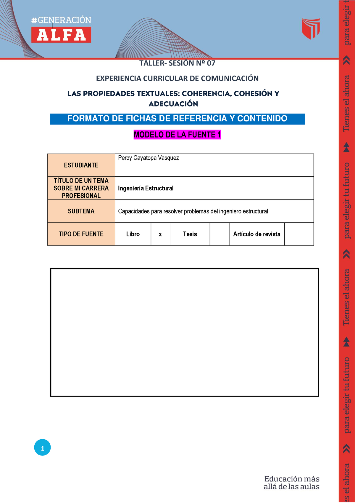 Forma Para La Elaboracion De La Ficha Textual Taller Sesi N N Experiencia Curricular