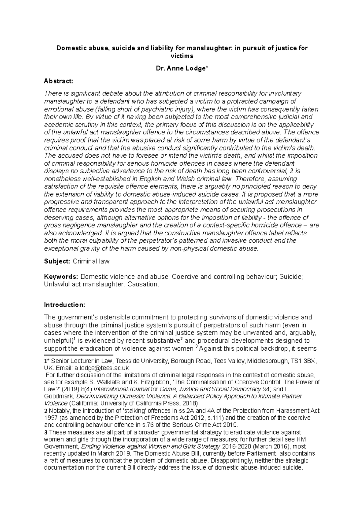 Domestic abuse suicide and liabiity for manslaughter in pursuit of ...