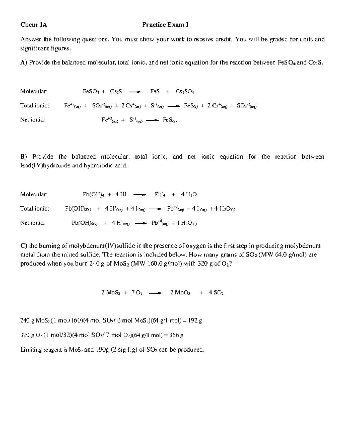 Chem1A Practice Exam I-key-Version A-1 - Chem 1A Practice Exam I Answer ...