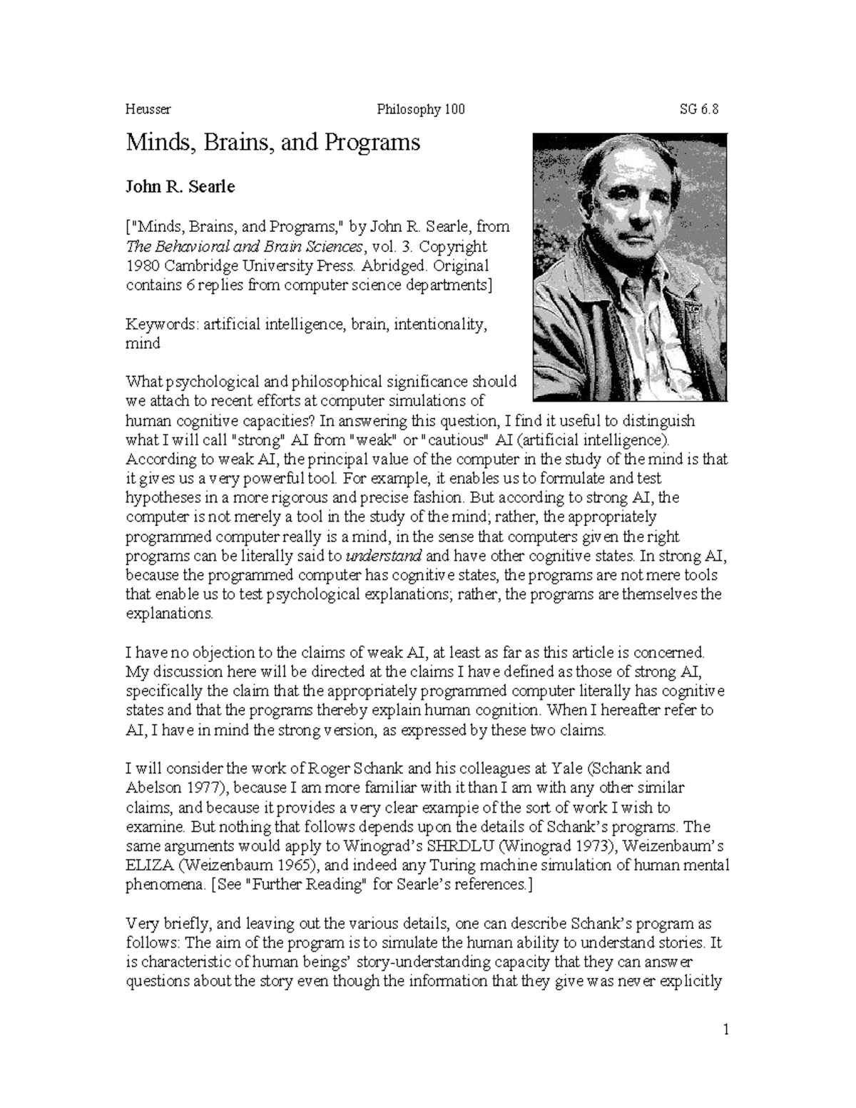 SG6 8 Minds edit Searle - S.G. - Heusser Philosophy 100 SG 6. Minds ...