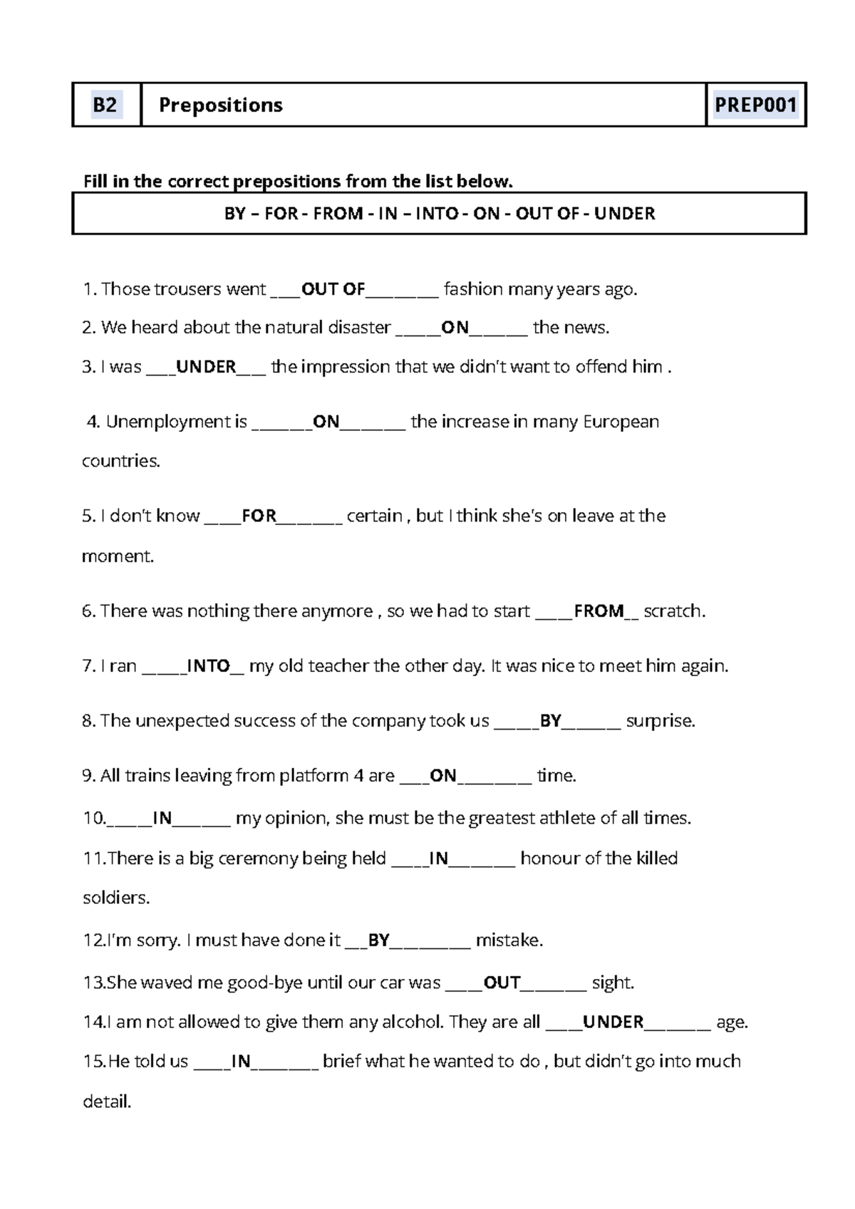 Prepositions TASK 5 WA - B2 Prepositions PREP Fill in the correct ...