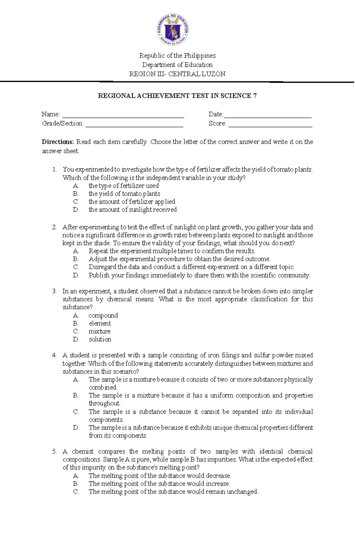 Final RAT AT Science 7 Final - Republic of the Philippines Department ...