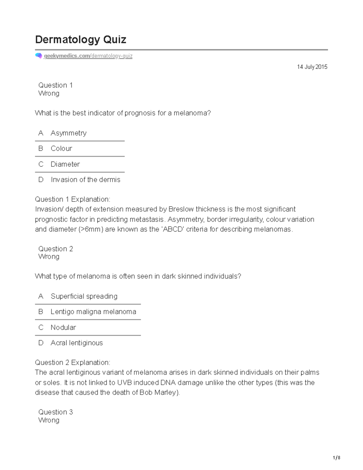 Quiz 14 July 2015 Dermatology Quiz
