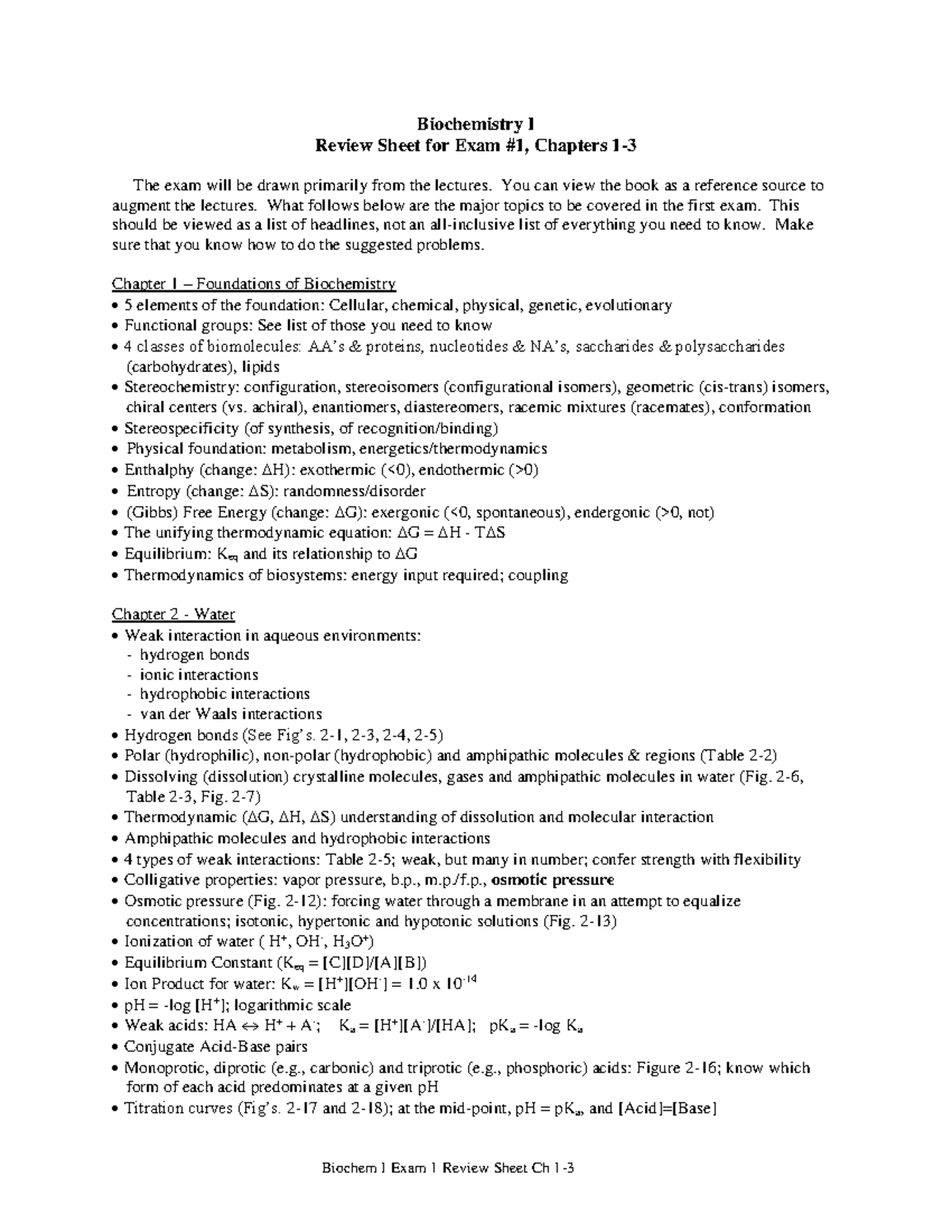 Biochem I Exam 1 Review Sheet Ch 1-3 - You can view the book as a ...