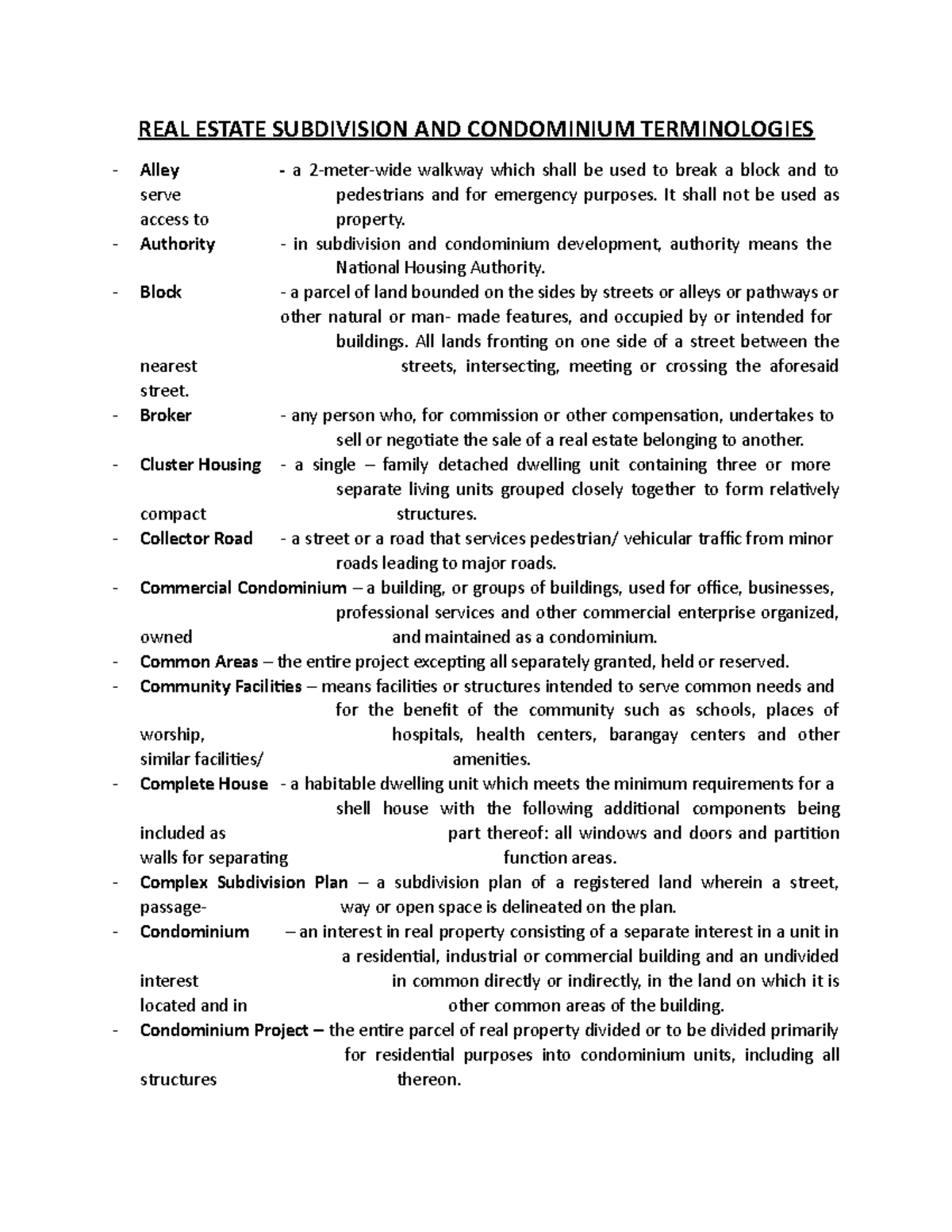 REAL Estate Subdivision AND Condominium Terminologies REAL ESTATE